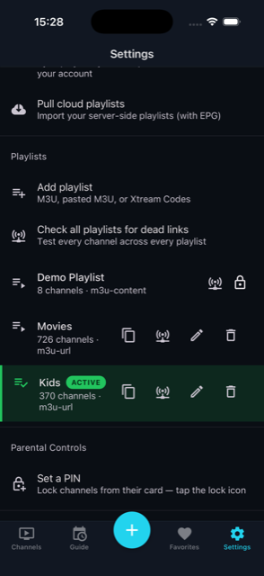Settings screen showing playlists and parental PIN